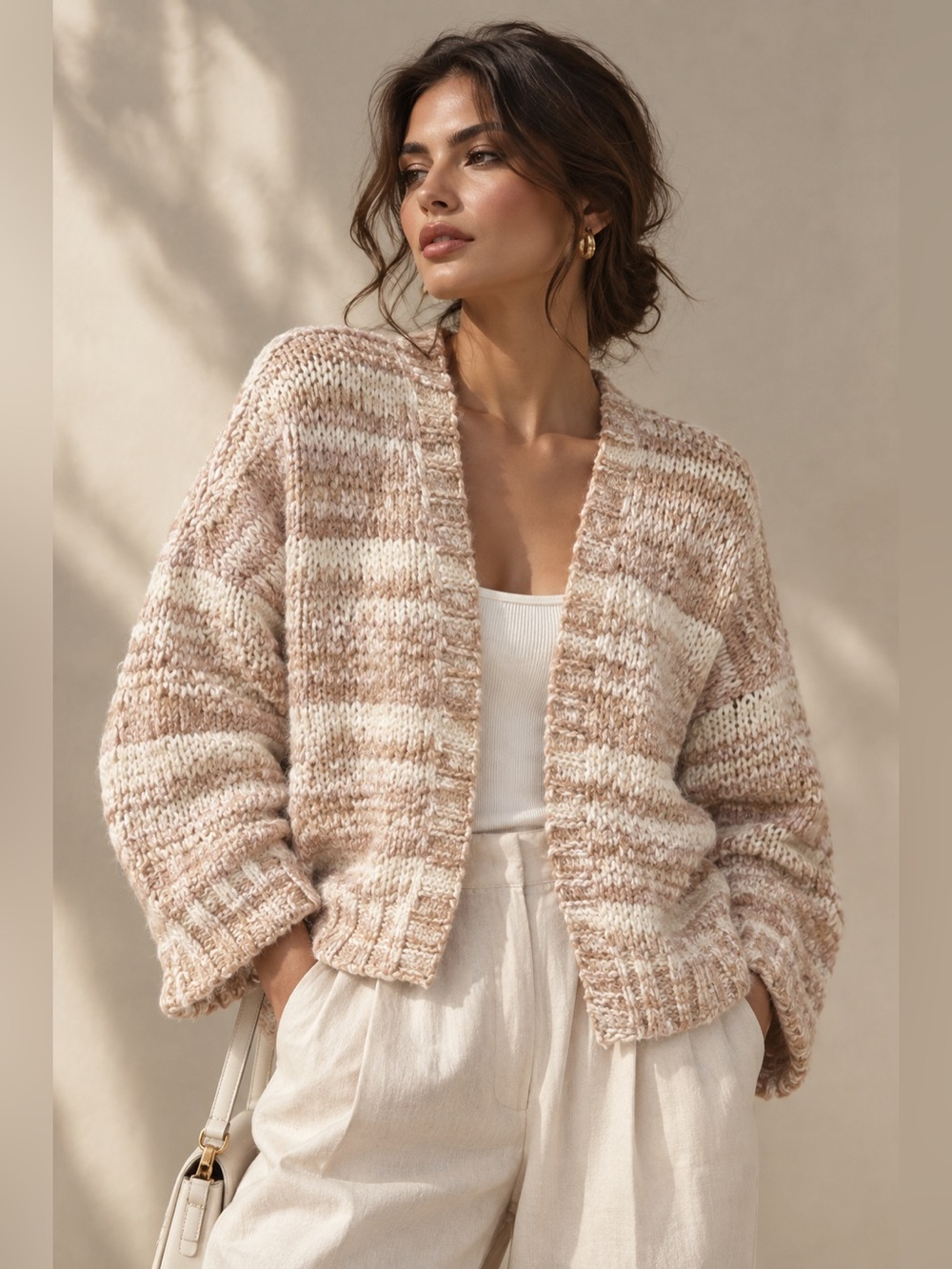 American Eagle Chunky Knit Striped Cardigan XL Blush Cream Oversized Fall